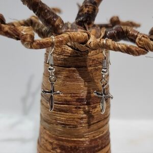 Cross Drop Dangle Silver Fish Hook Earrings